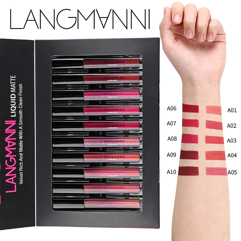 

Langmanni 10pcs/set Matt Liquid Lipstick Set Velvet Waterproof Lips Long lasting Lipstick Cosmetics Makeup Lipgloss Lip Stick