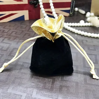 

50 pcs/lot Three Size High Quality Black Velvet Drawstring Pouches Jewelry Gift Bag with string,Gold Trim velvet Packaging bags
