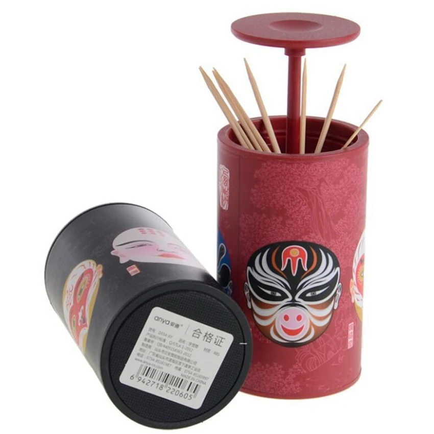 

Retractable Toothpick Holder with Rubber Base Chinese Style Peking Opera Facial Makeup Automatic Toothpick Container Decoration
