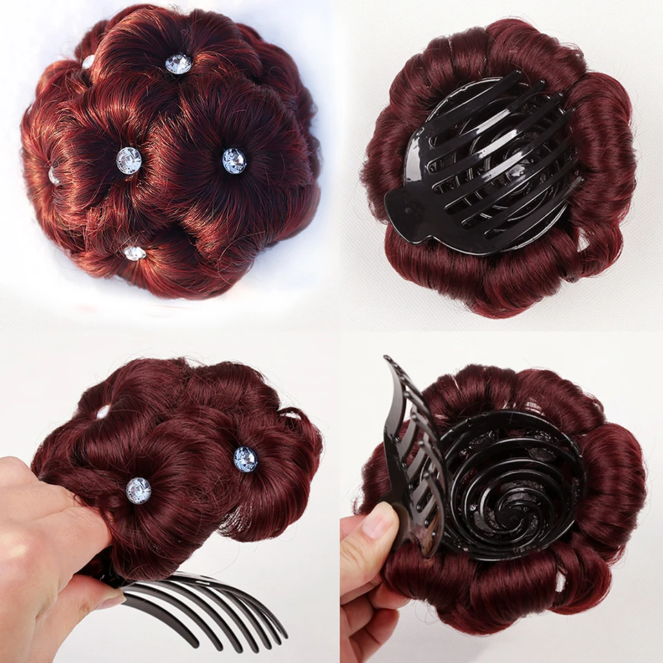 

WTB Women Curly Chignon Hair Bun Donut Clip In Hairpiece Extensions Synthetic High Temperature Fiber Chignon with 9 Flower Drill