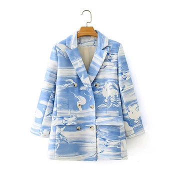 

Spring and autumn female jacket casual printed double-breasted pocket decorative jacket