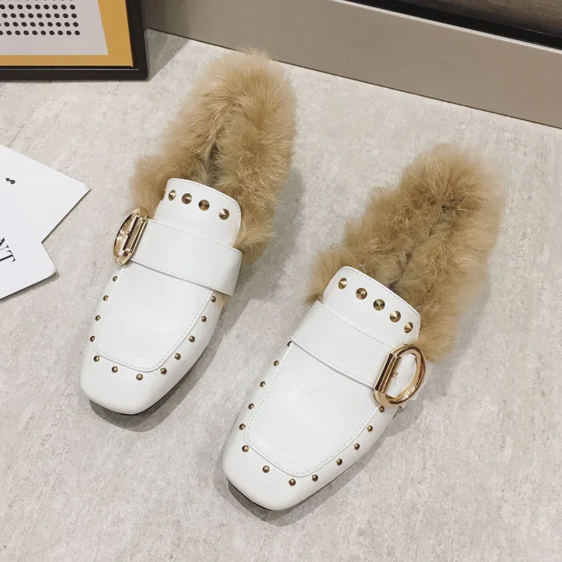 Winter Warm Women Pumps Sexy Square Toe Pu Leather High Heels Shoes Women Autumn Rivets Metal Buckle Faux Fur Pumps Ladies Shoes (5)