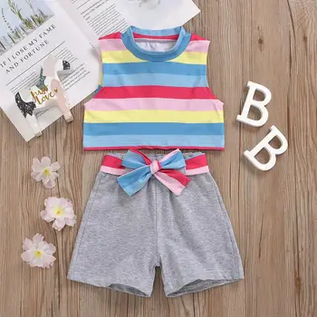 

2020 Summer Toddler Baby Girl Rainbow Top + Shorts with bow clothes set