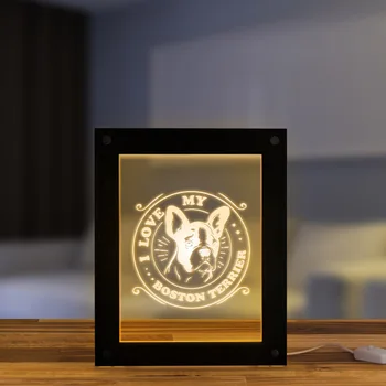 

I Love My Boston Terrier Dog Breed LED Illuminated Acrylic Display Sign Boston Bull Terrier Custom Dog Picture Text Wooden Frame