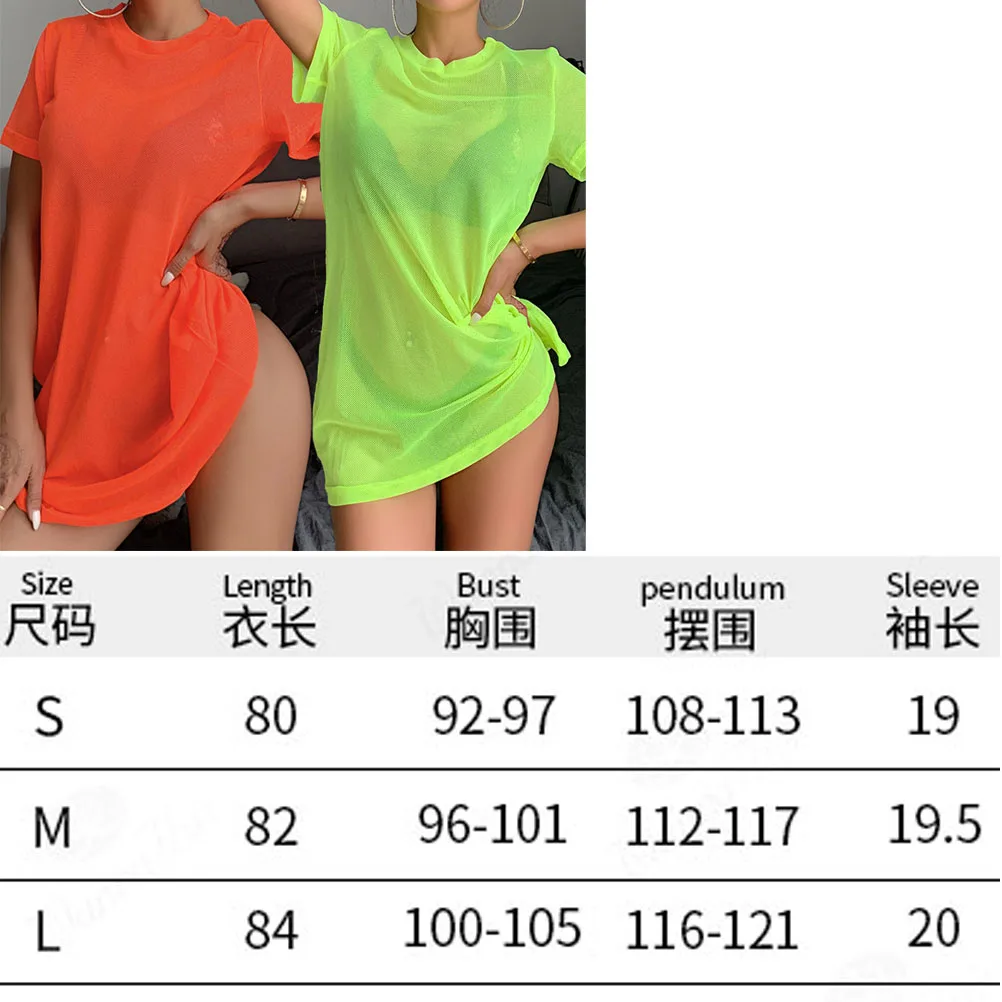 Women Short Sleeve Perspective T-Shirt Neon Green O Neck Vintage Mesh Short Sleeve Tee Shirt Long Tshirts Beachwear452_voghion.com