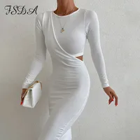 O Neck Knitted Bodycon Dress Party WoWhite Long Sleeve Black Sexy Midi Winter Hollow Out Elegant Dresses Club