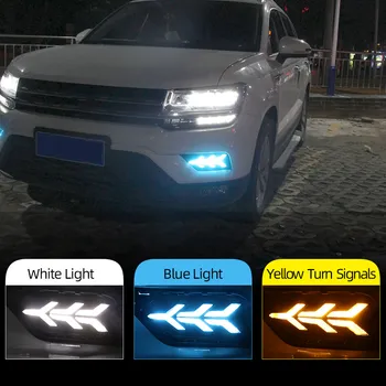 

2Pcs LED DRL Daytime Running Light Daylights For Volkswagen VW Tharu 2019 With Yellow Turn Signal Fog Lamp Cover night blue