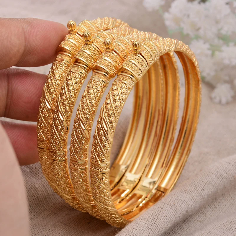 Can open 4pcs/lot Dubai Gold Color Bangles For Women Men Gold Bracelets African European Ethiopia Girls Bride Bangles Gift