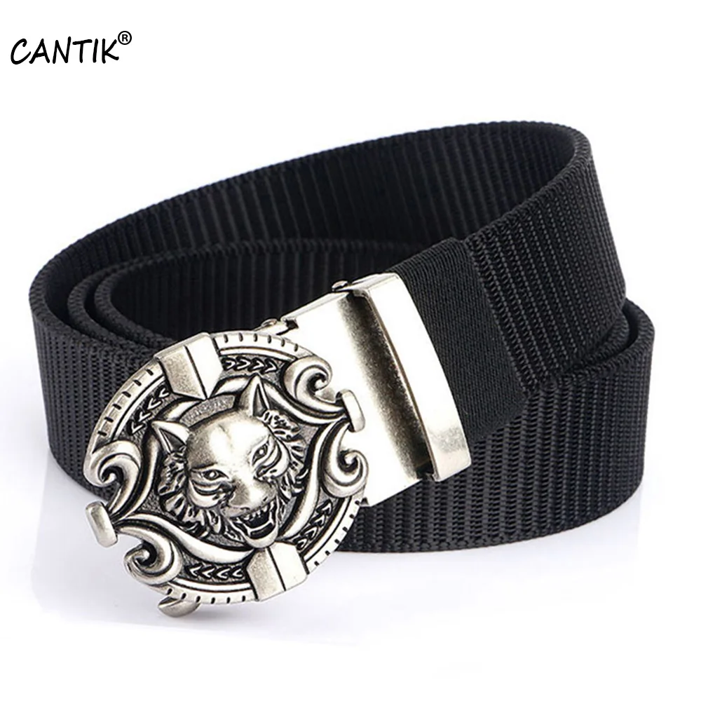 CANTIK Quality Nylon & Canvas Material Belts for Men Unique Wolf Head Automatic Buckle Belt Accessories Freeshipping CBCA306