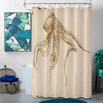 

Shower Curtains Blue Green Octopus Decor,Octopus Illustration Sketch Style with Large Tentacles Vintage Art Print Marine