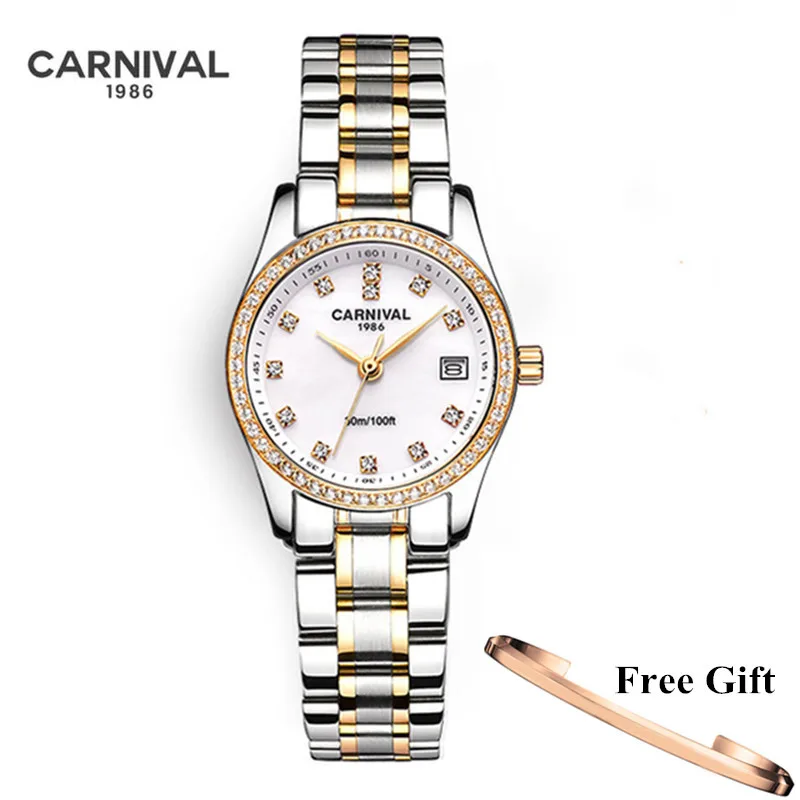 Watch Womens CARNIVAL Clock Quartz Luxury Bracelet Gold Waterproof Top-Brand Relogio