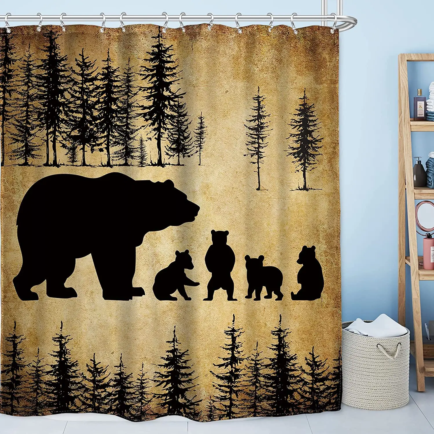 Shower Curtain Camper Moose Raccoon Bear Lodge Log Cabin Bathroom Decor 
