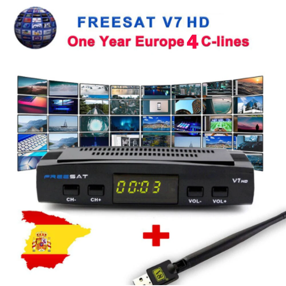 Freesat V7 HD DVB-S2 1080P спутниковый ТВ приемник+ USB wifi Anttena Испания Германия ТВ тюнер PK V8 супер+ 1 год Испания Европа Клайн