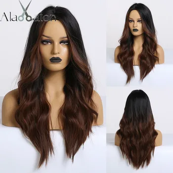 

ALAN EATON Ombre Black Dark Brown Synthetic Wig HighLight Long Wave Middle Part Heat Resistant Fiber for Black Women Cosplay Wig