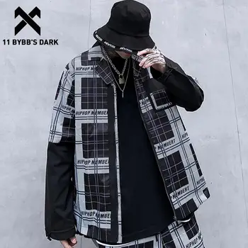 

11 BYBB'S DARK Hip Hop Patchwork Letter Printed Plaid Men Jacket 2019 Harajuku Streetwear Tops Casual Cotton Male Coats Outwear