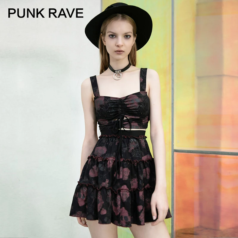 PUNK RAVE Girl's Gothic Rose&ampSkull Printed Ruched Sexy Crop Tops Punk Vest&ampSkirt Club Women Sets Streetswear | Женская одежда