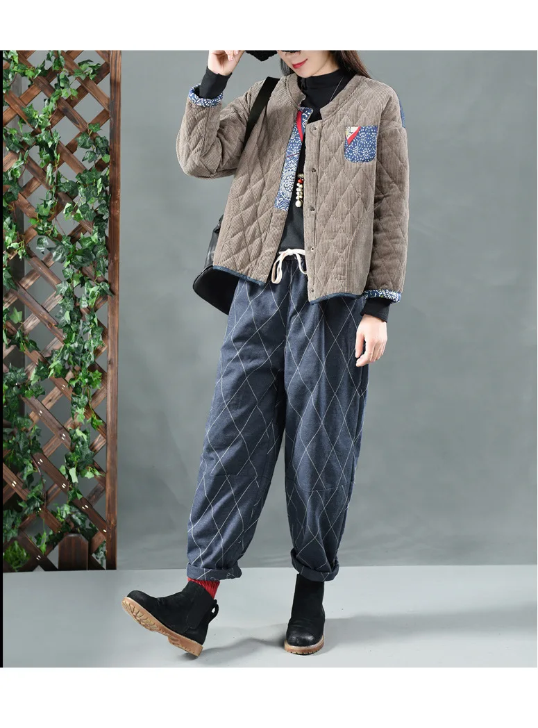 Стиль ретро вельветовое плотное Стеганое пальто с аппликацией художественное хлопковое пальто короткая куртка женская короткая куртка