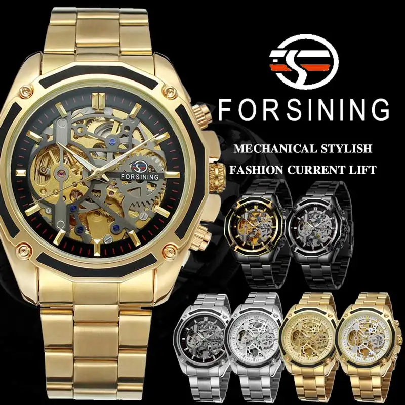 FORSINING Automatic Mechanical Men Wristwatch Military Sport Male Clock Stainless Steel Skeleton Man Watch 8130 Luxury