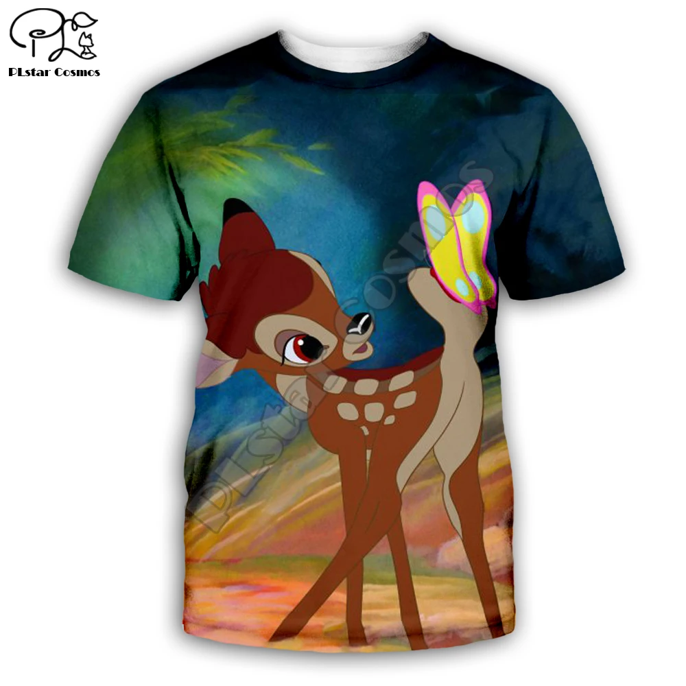 Bambi животных мультфильм олень стиль милые натуральные мужские и женские футболки забавный мультфильм 3d печать вырез лодочкой повседневные футболки Олень-002