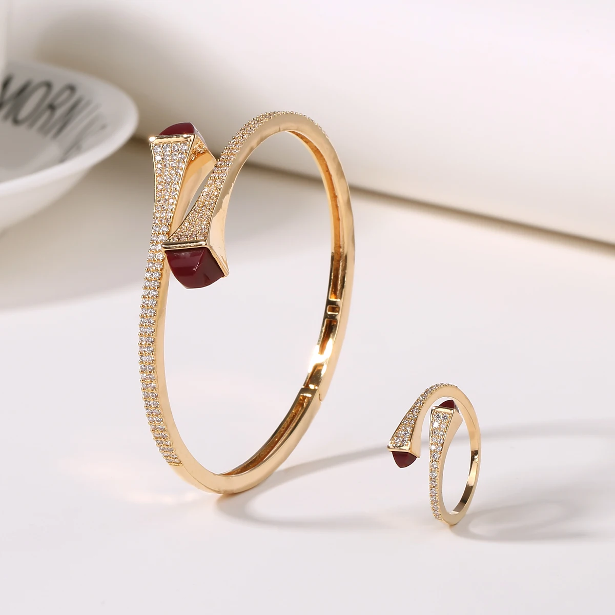2021 New Romatic Women Fashion 2 Pcs Bracelet & Ring Set Candy color stone Simple Design Gold Open Cuff Bangle Ring Jewelry Set