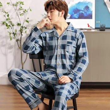 

Pajamas 2020 New Style Autumn And Winter Men Pure Cotton Long Sleeve Loose-Fit Plaid Cardigan Fold-Down Collar Casual-Outer Wear