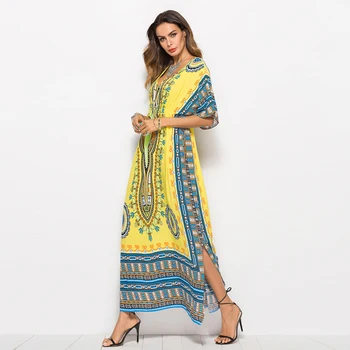 

2019 Elastic Waist Batwing Sleeves Dress Indie Folk V-Neck Multicolor African Dresses for Women