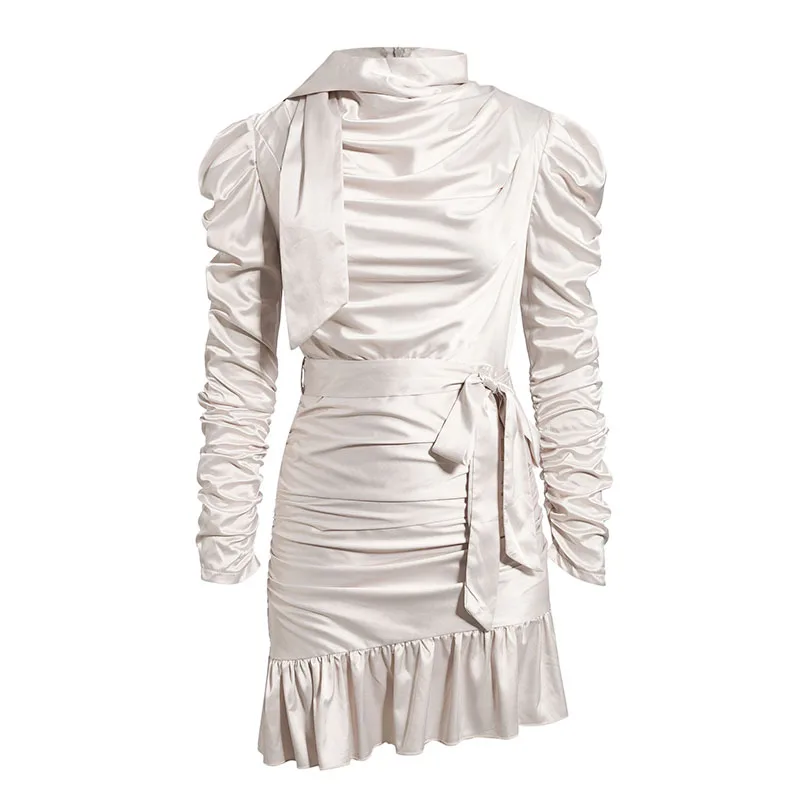 Aartiee элегантное облегающее платье с пышными рукавами для женщин, осень, платье с оборками, атласное платье с асимметричным воротником, женское платье с длинным рукавом, новинка - Цвет: S19DR2648