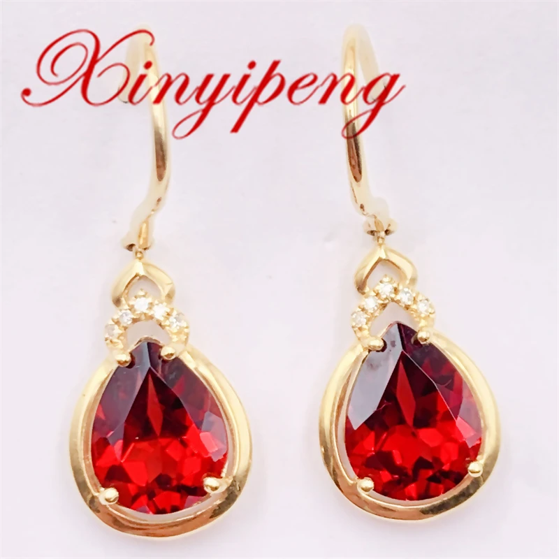 

Xin Yipeng Fine Gemstone Jewelry Real 18K Yellow Gold Inlaid Natural Garnet Earrings Wedding Party Holiday Gift for Women