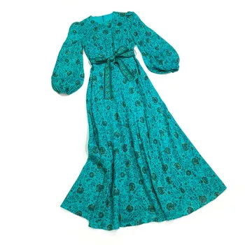 

Vintage Long Dresses For Women 2020 Fall Clothing European Fashion Full Sleeve Elegant Green Linen Dress Robe Dropshipping
