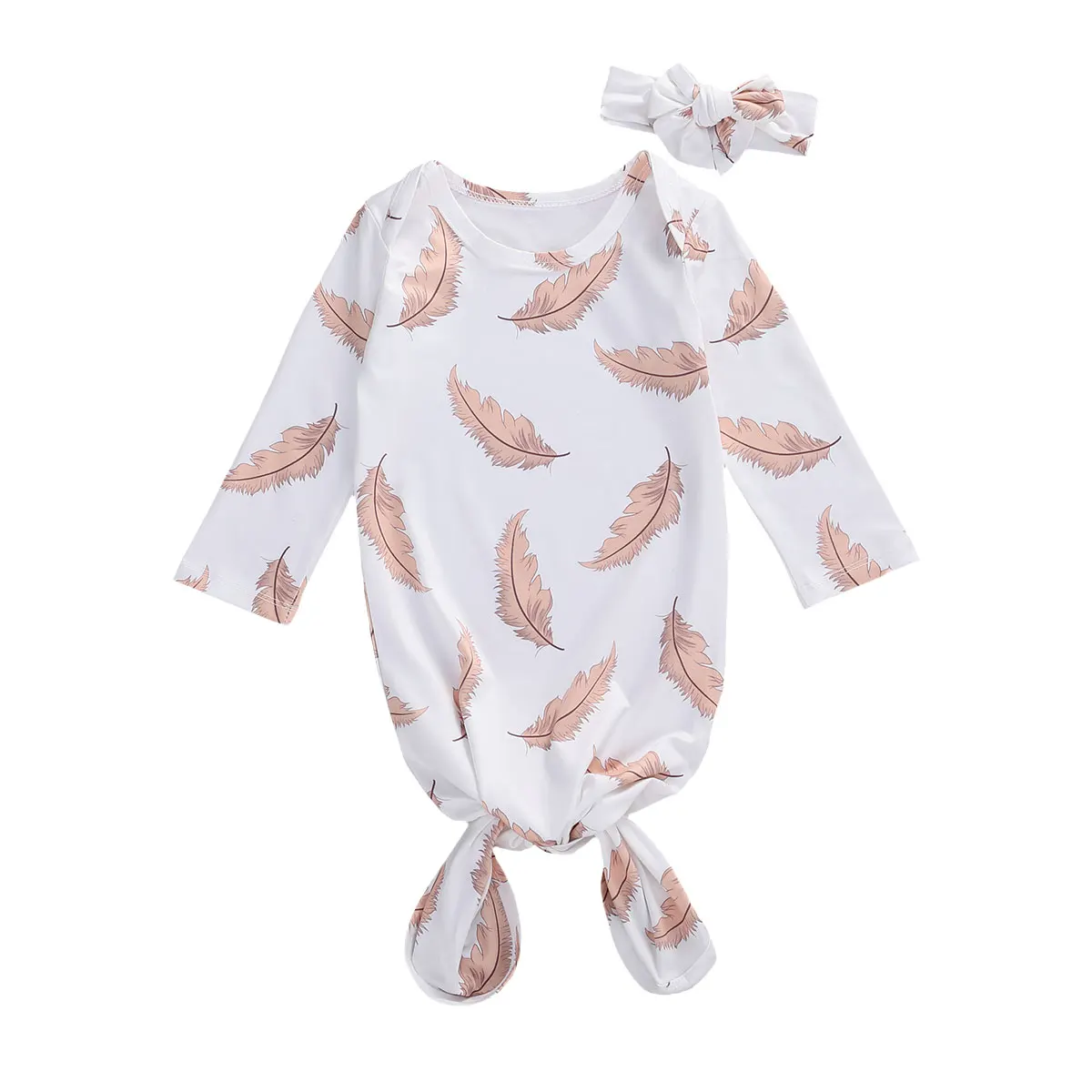 

Feather Print Newborn Baby Bedding Set Long Sleeve Classical Sleeping Bag with Bow Headband 2Pcs Outfit for Infant Girls Boys