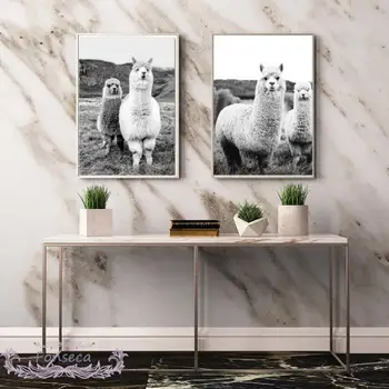 

Black White Alpaca Poster Wall Art Print Animal Canvas Painting for Nursery Kids Room Llama Picture Nordic Modern Home Decor