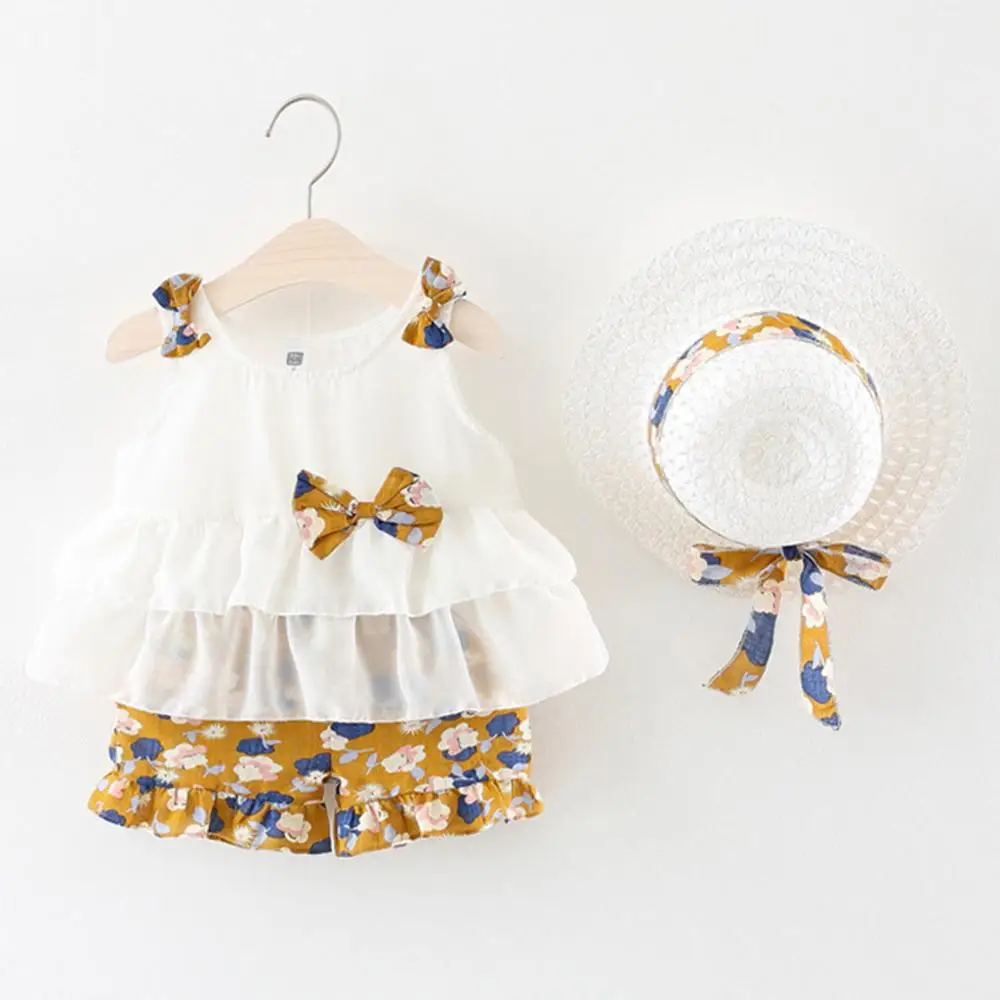

Baby Girls Clothes Sets Infant Baby Girls Sleeveless Bow Ruffles Tops Floral Print Shorts + Hat Outfits Newborn Clothing A0089