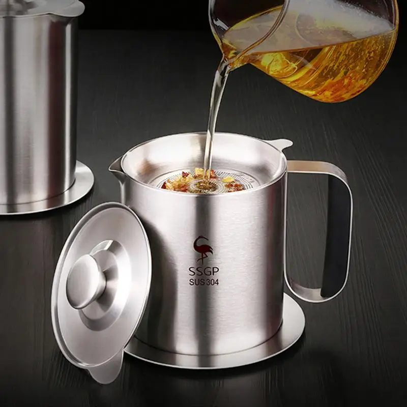 

1PC Stainless Steel Oil Strainer Pot Grease Container Oil Storage Can Grease Keeper With Strainer And Lid For Kitchen1000/1500ml