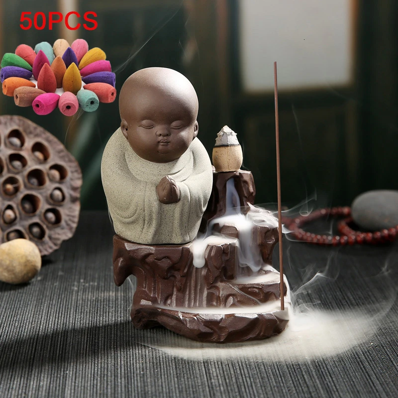 50Pcs Incense Cones+ 1Pc Burner The Little Monk Small Buddha Censer Ceramic Waterfall Backflow Incense Burner Holder Home Decor - Цвет: F with 50pcs Cones