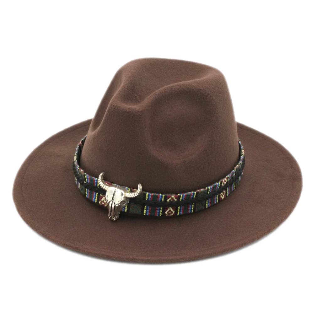 Mistdawn Мужская и Женская шерстяная смесь Панамы мягкая фетровая шляпа с широкими полями шляпы Трилби с черепом быка плетеный ремень - Цвет: Dark Brown