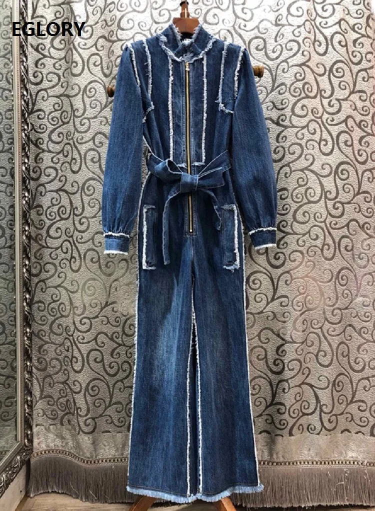 

High Quaity Jumpsuit 2020 Spring Casual Denim Jumpsuit Women Tassel Washed Denim Front Zipper Long Sleeve Jeans Jumpsuit Ladies