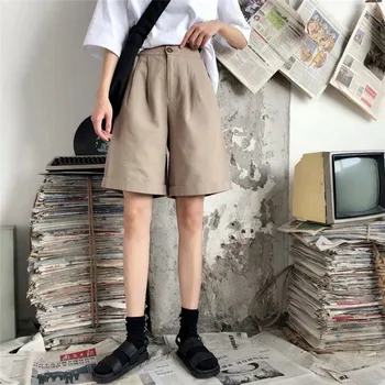 

Women Casual Shorts Summer Zipper Fly Solid Color High Waist Knee Length Female Loose Shorts Streetwear Fashion