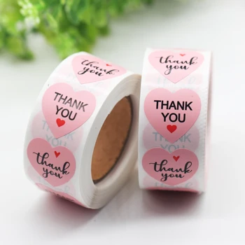 

500pcs/roll Pink Paper Label Stickers Two Type Of Thank You Love Heart Shape Stickers Seal Label DIY Baking Packaging Tags