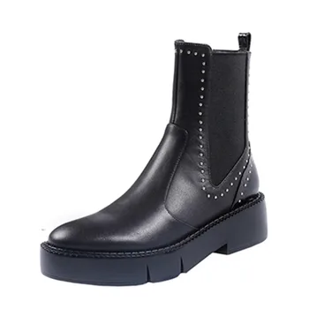 

Mobetty New Fashion Leather Flok Women Ankle Boots Breathable Thick Heel Slip-on Elastis Band Short Botas Feminina Botas Feminin