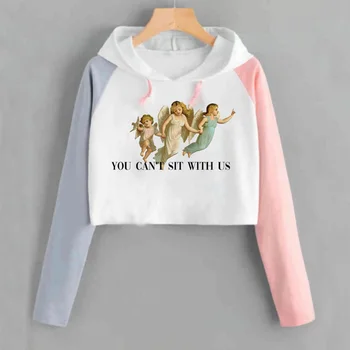 

Cropped Hoodie You Cant Sit with Us Women Harajuku Long Sleeve Aesthetic Graphic Print Angels Kiss Woman Clothes