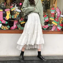 

2021 Fall Women Long Tulle Midi Skirt Mesh Solid Tutu Pleated Skirts Female Elastic High Waist Long Skirt Streetwear Black White