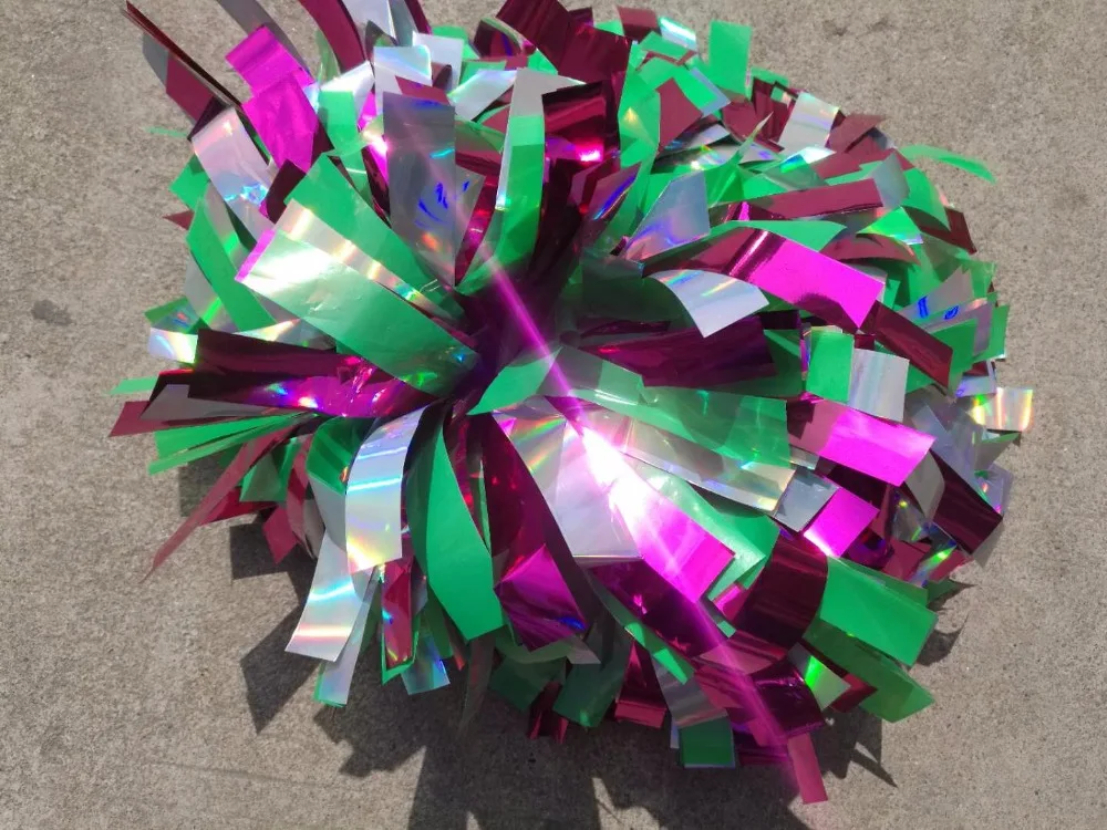 Cheerleader Pom Pom Plastic, Light Green, Metallic, Hot Pink Mixed, 3/4 "x 6"