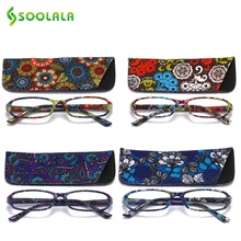 SOOLALA 25 шт. прямоугольные Цветочные напечатанные очки для чтения с чехлом женские весенние петли очки для чтения+ 1,0 до 4,0