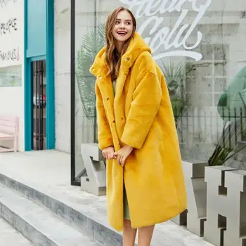

Plush Coat Faux Fur Artificial Wool Imitation Velvet Long Warm High Quatity Overcoat Lady Furry Fur Coat With Hood Winter Women