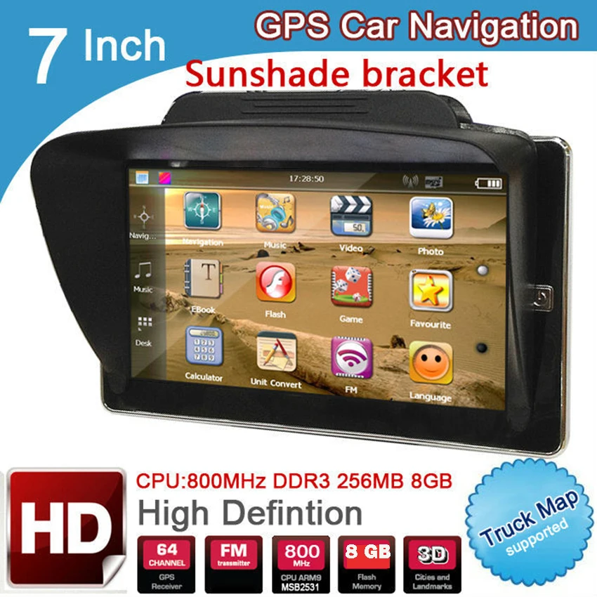 

7 inch truck bluetooth GPS Navigation mtk ce6.0 800Mhz 256M 8GB vehicle navigator with rear view lesswire camera maps for global
