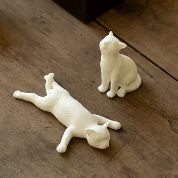 

White Porcelain Cat Tea Pet Handmade Ceramic Small Bonsai Ornaments Cute Animal Figurine Office Flowerpot Decor Furnishings