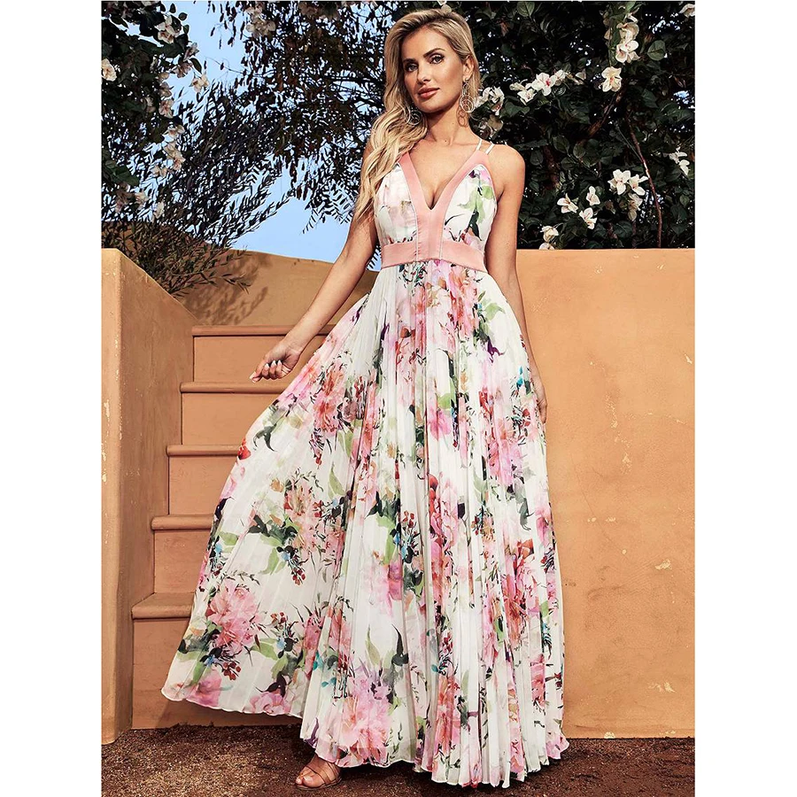 Multi Blossom Print Halter Pleated Maxi Dress Romantic Pale Floral Plunge Midi Dress Satin Patchwork Cami Vacation Beacj Dress