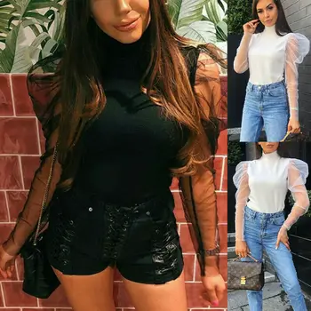 

Casual Women Summer See-through Top Sheer Mesh Long Puff Sleeve T-shirts Ladies Solid Color Turtleneck T-Shirts Streetwear Tops