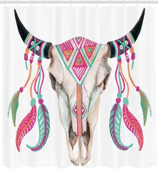 

Longhorn Shower Curtain Bull Skull Image with Tribal Ornate and Colorful Feathers on Plain Backdrop Cloth Fabric Bathroom Decor