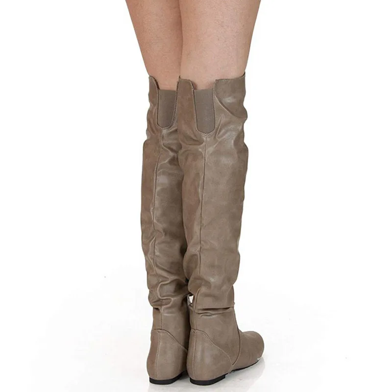 Lasyarrow Over The Knee Boots Women Pu Elastic Boots Female Round Toe Shoes Concise Flat Shoes Autumn Winter Plus Size 48